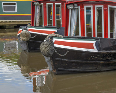 Boats With French Style Doors Side By Side On A Canal With Hedge Backdrop